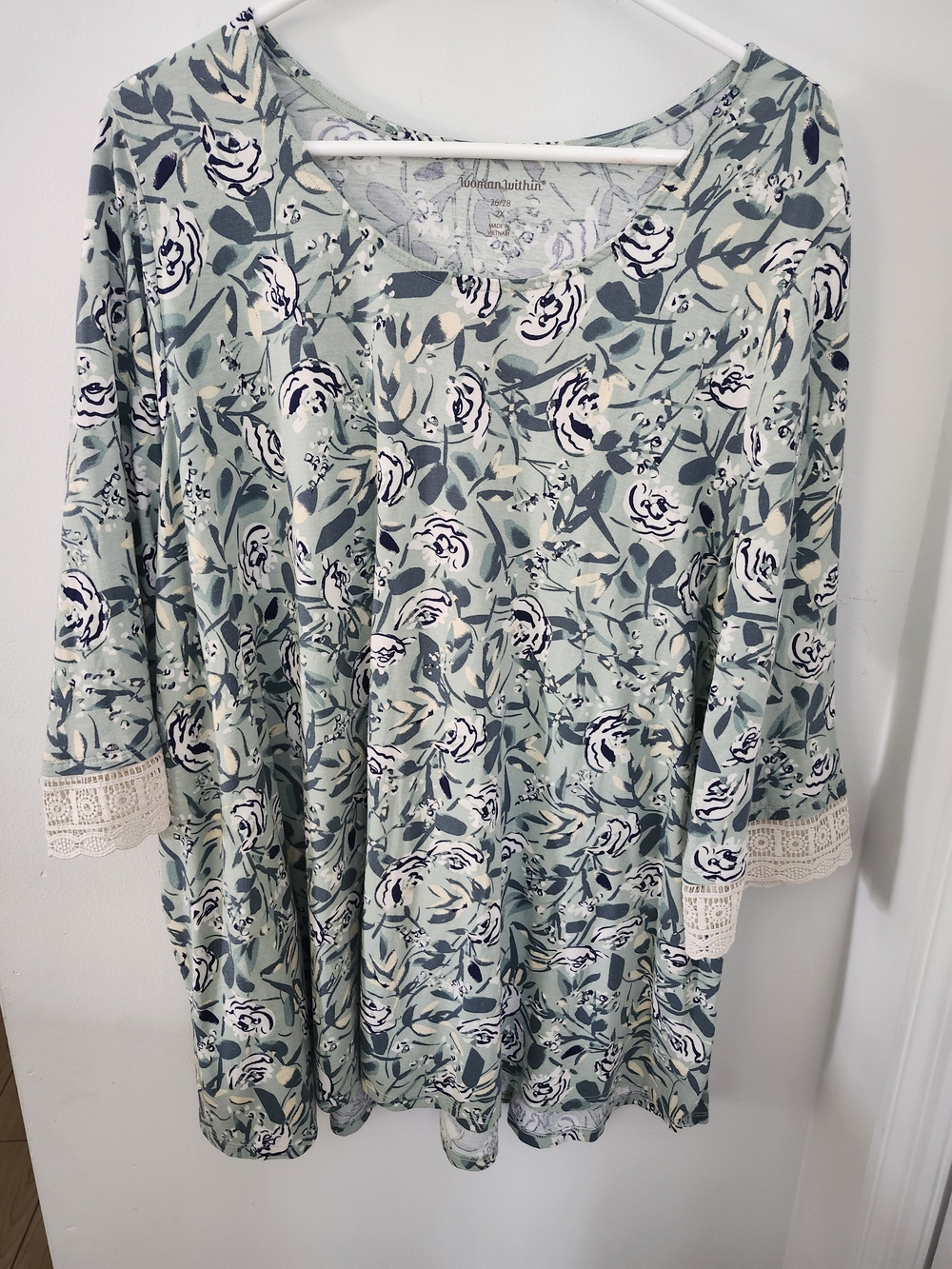Woman Within Sage Green Floral Lace-Trim Tunic Top